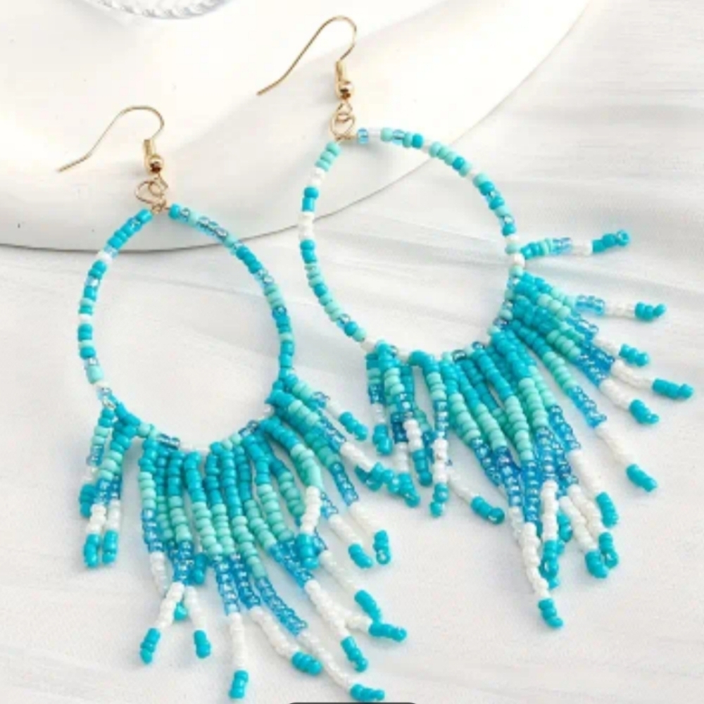 New Handcrafted Earrings Western Turquoise,Blue,White Beaded Hoop Tassel Preppy